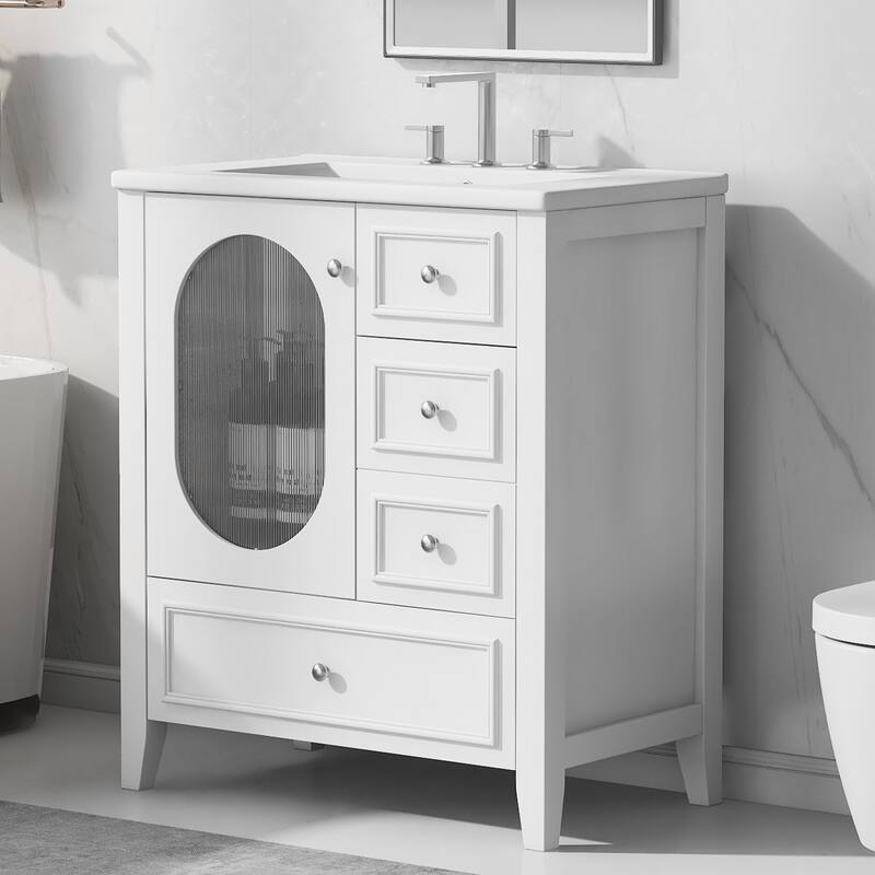 30" Bathroom Vanity with Sink, Bathroom Vanity Cabinet with Three Drawers and Door, Solid Wood and MDF - White