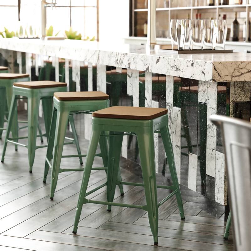 Indoor/Outdoor Backless Counter Stool with Poly Resin Seat - Green/Teak