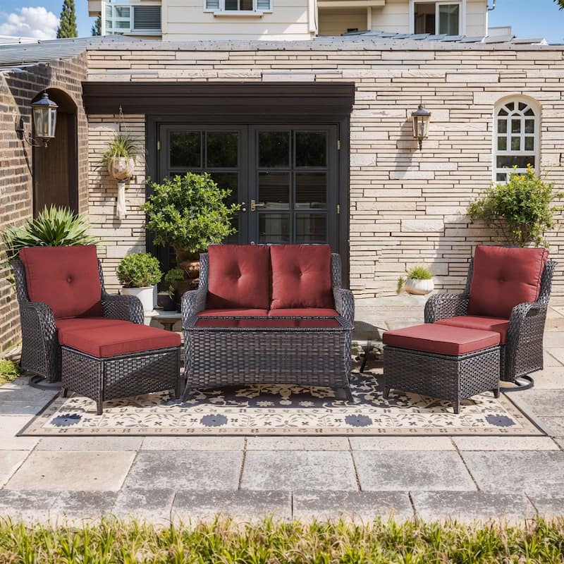 Pocassy Outdoor 6 Pieces 2-Seat Sofa Swivel Chairs Table Ottoman - Red cushion - Brown Wicker