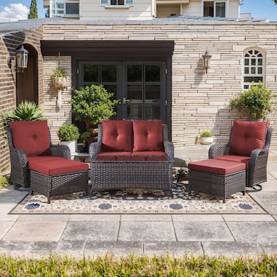 Pocassy Outdoor 6 Pieces 2-Seat Sofa Swivel Chairs Table Ottoman