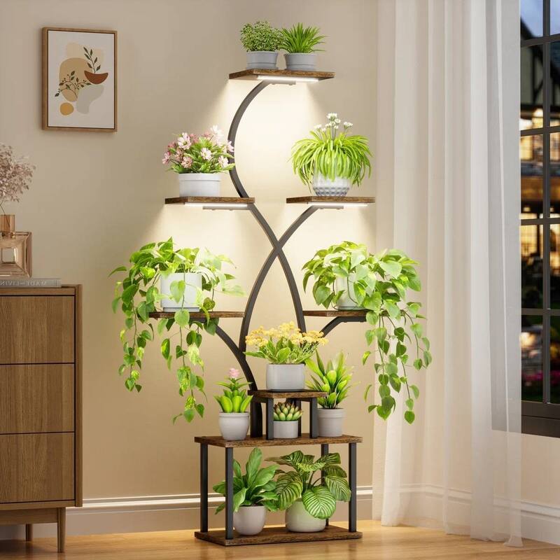 Brown-Black Iron Wood 8-Tier Indoor Tree Plant Stand with Grow Lights and Storage Shelves - 19.68'' L X 10.23'' W x 62” H
