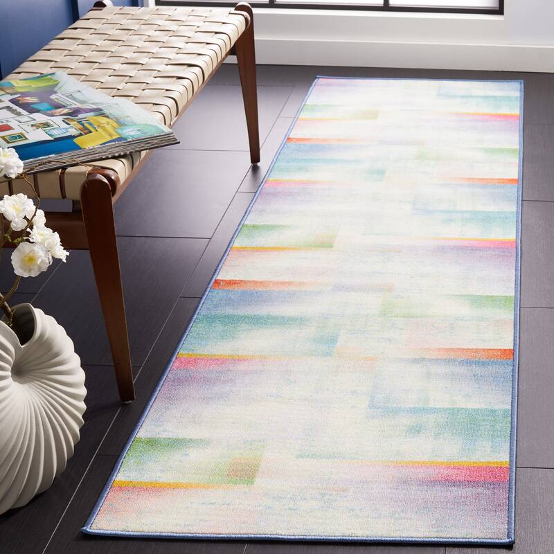 SAFAVIEH Paint Brush Machine Washable Slip Resistant Sebahate Rug - 2'2" x 8' Runner - Blue/Green