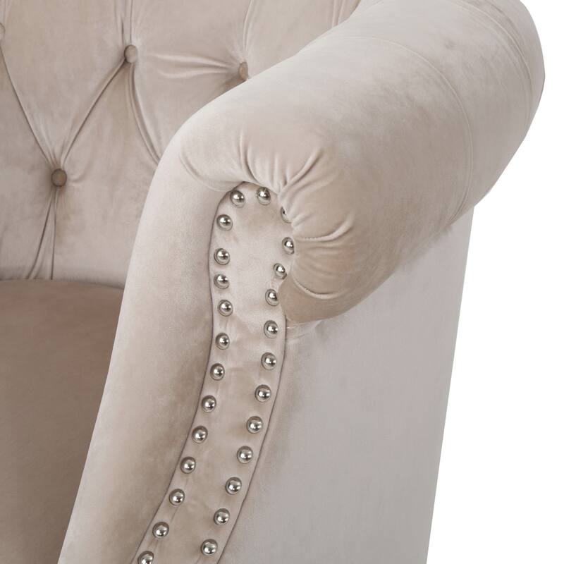 Champagne Modern 32.75" Velvet Button Tufted Club Chair with Turned Birch Wood Legs and Nailheads