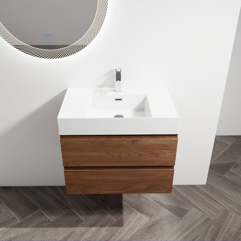 24/30/36 Single Sink Wall-Mounted Bathroom Vanity with Integrated Thick Edge Resin Sink