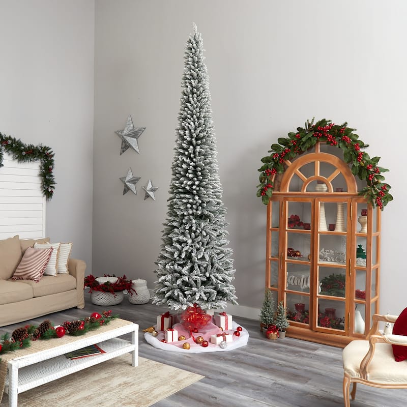 12 Ft Pencil Christmas Tree with Lights - Natural Beauty Artificial Tree, 1000 Clear Lights, Bendable Branches - Green - 144