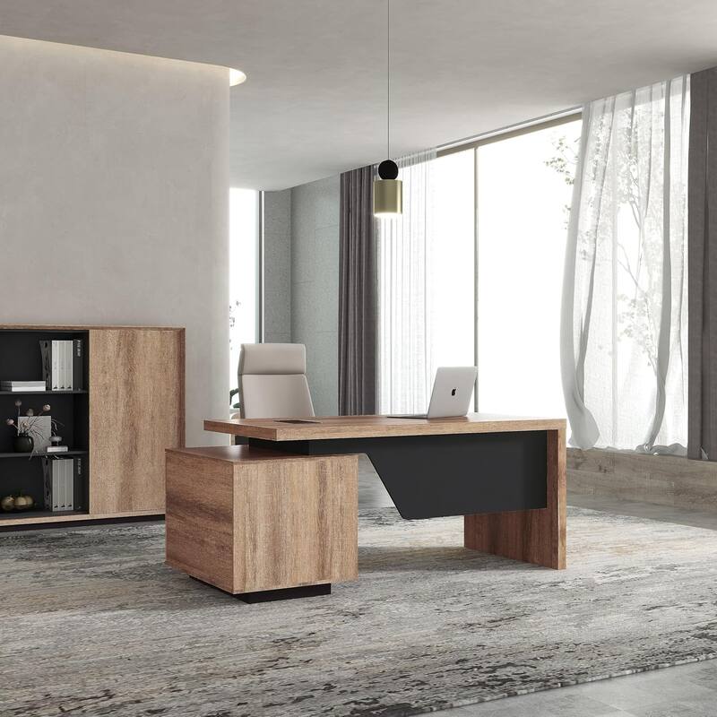 WESOME Modern Width Adjustable Executive Desk with Storage Cabinet - Right(Cabinet)
