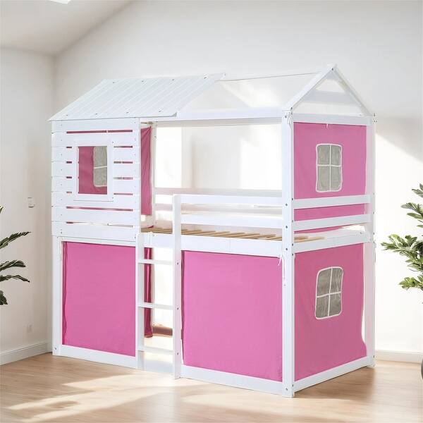 slide 2 of 18, Twin Size Bunk Wood House Bed with Tent