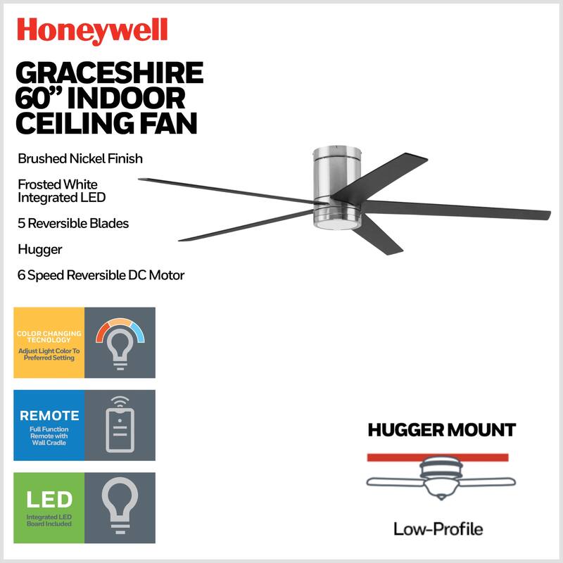 60" Honeywell Graceshire Brushed Nickel Indoor Ceiling Fan with LED Light and Remote Control, 6-Speed BLDC Motor