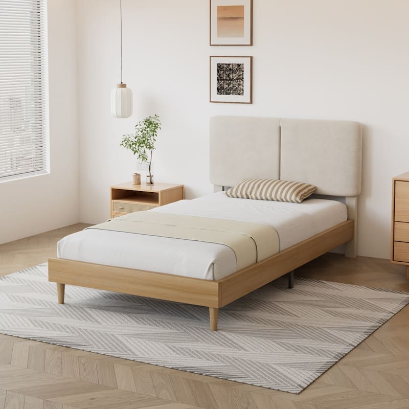 Javlergo Upholstered Bed Frame with Linen Fabric Adjustable Headboard Strong Wood Slats Supports No Box Spring Needed