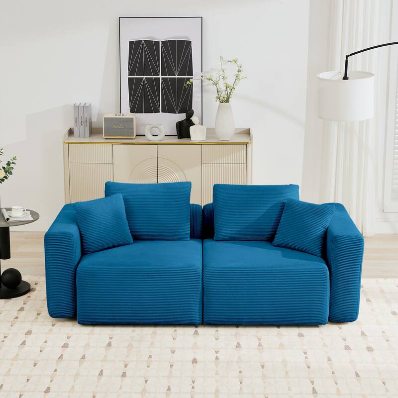 Corduroy Sectional Modular Sofa with Square Arms & Ottoman Extension for Flexible Arrangements