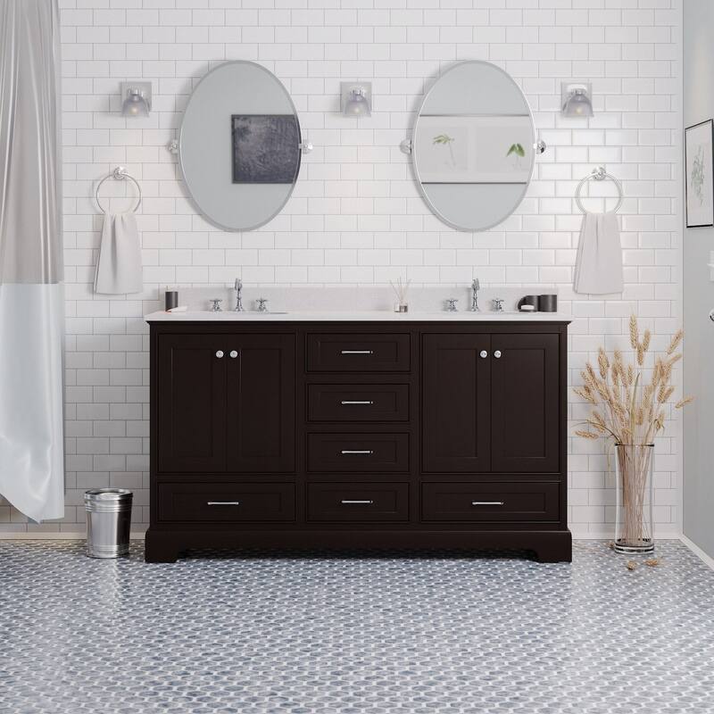 KitchenBathCollection Harper 60" Double Bathroom Vanity with Quartz Top - Chocolate