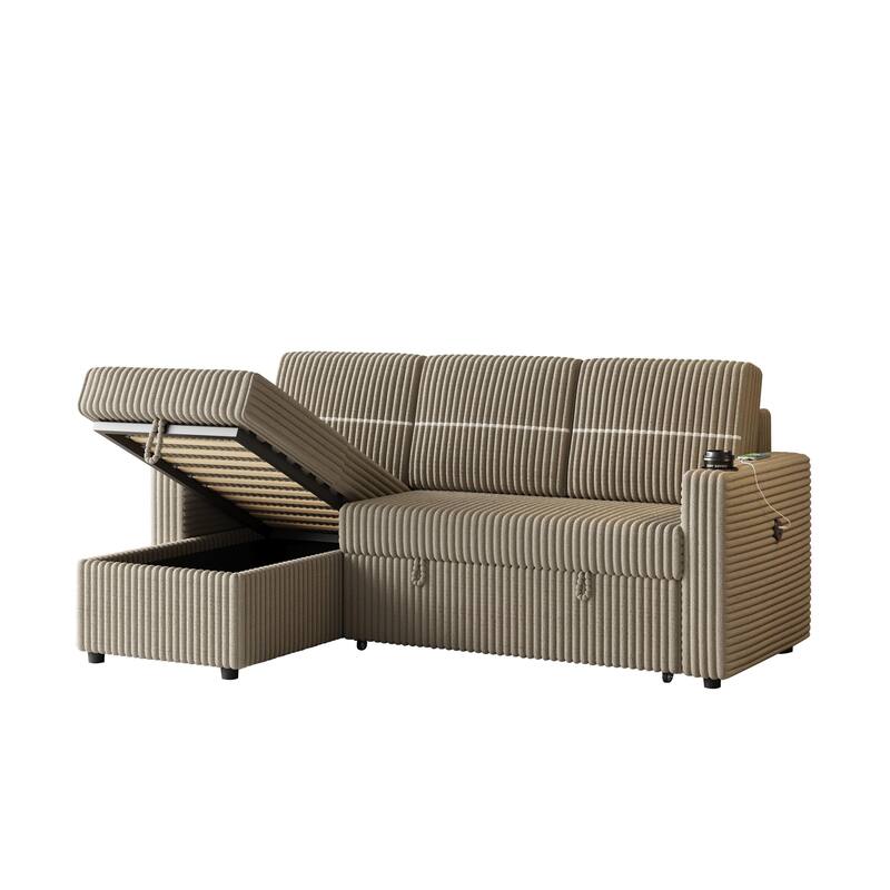 3-Seater Sleeper Sofa Bed with Corduroy Fabric, Storage Chaise, USB Charger, and Cup Holders