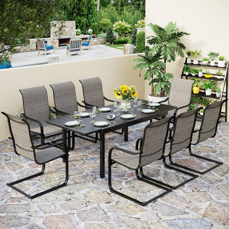 MAISON ARTS Patio Dining Set 9/7 Pieces Outdoor Metal Furniture Set, 8/6 C Spring Motion Chairs and 1 Expandable Table