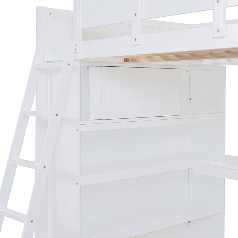 Full Size Loft Bed with L-shaped Desk and Shelfs
