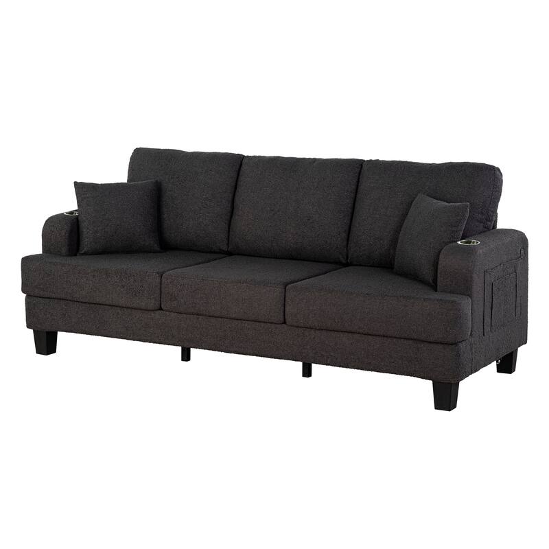 Modern Black Fabric USB Sofa with 2 Cup Holder and 2 Pillows