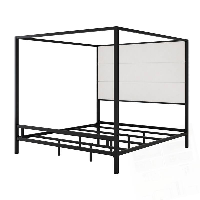 Metal 4-Poster Bed Frame Modern Canopy Upholstered Bed with Tall Upholstered Headboard