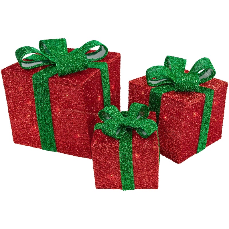 Set of 3 Lighted Red and Green Tinsel Gift Boxes with Bows Christmas Outdoor Decorations 10"