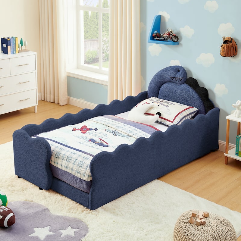 Twin Dinosaur-Shaped Kids Bed with Safety Guardrail - Solid Wood Toddler Bed Frame in Boucle Fabric