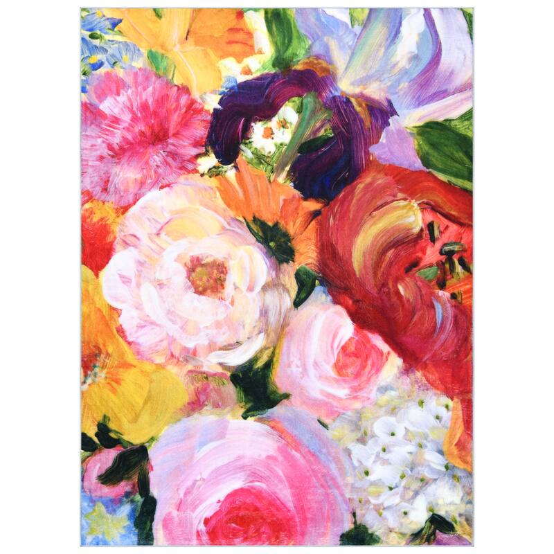 Yellow and Violet I, Hand Washable Flowers Art Area Rug, power-loomed, 100% polyester, 2mm pile, non-slipping back