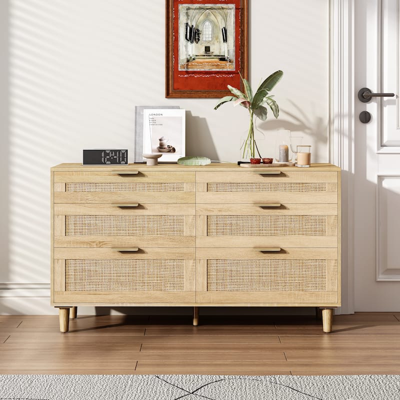 Anmytek Rattan 6 Drawer Dresser with Gold Handles Bohemian Bedroom Storage Chest