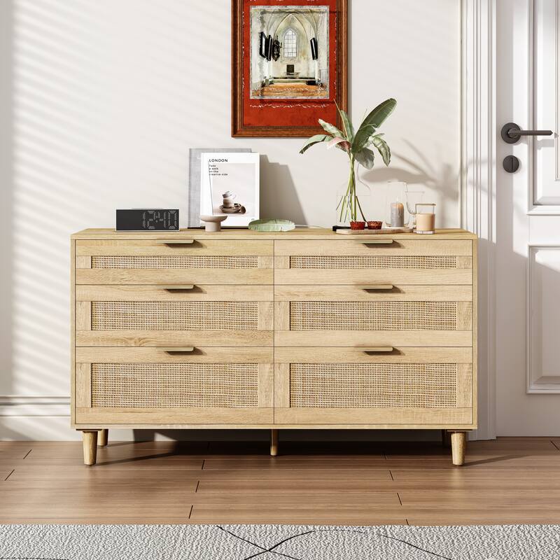 Rattan 6-Drawer Double Dresser with Metal Handle, Wood Legs, Clothes Storage Cabinet for Bedroom - Natural