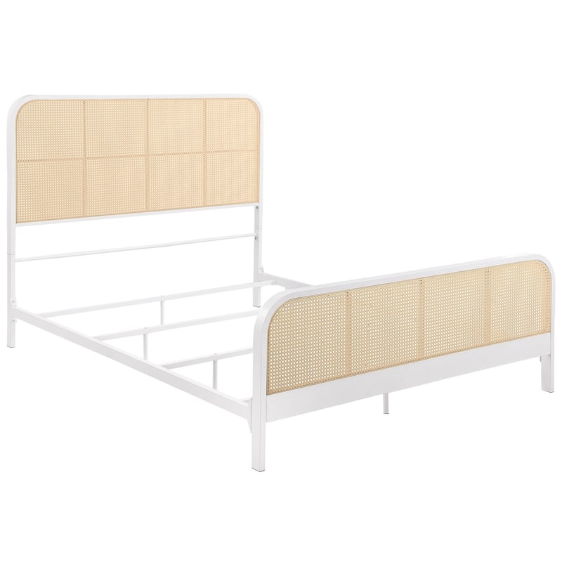 Lanie Queen Bed with Brown Open Cane Webbing Faux Rattan, White Metal