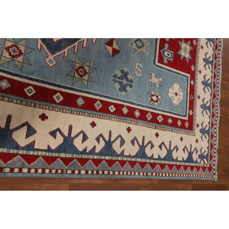 Light Blue Geometric Kazak Area Rug Living Room Handmade Wool Carpet - 6'4" x 9'10"