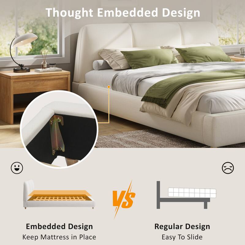 King Modern Upholstered Bed Frame, Linen Fabric, Solid Wood Legs, Elegant White