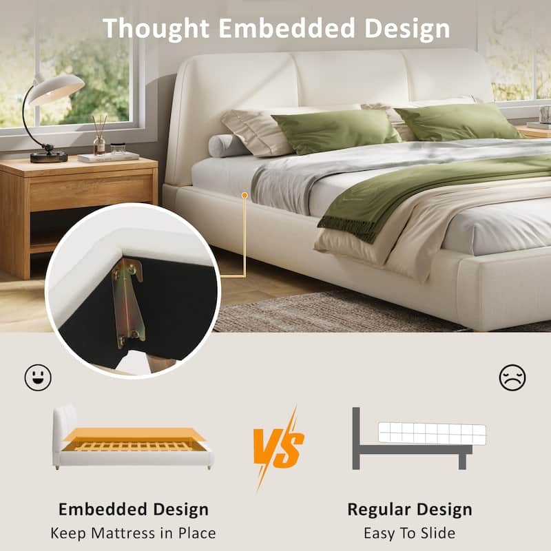 White Platform Bed Upholstered Bed Linen Fabric