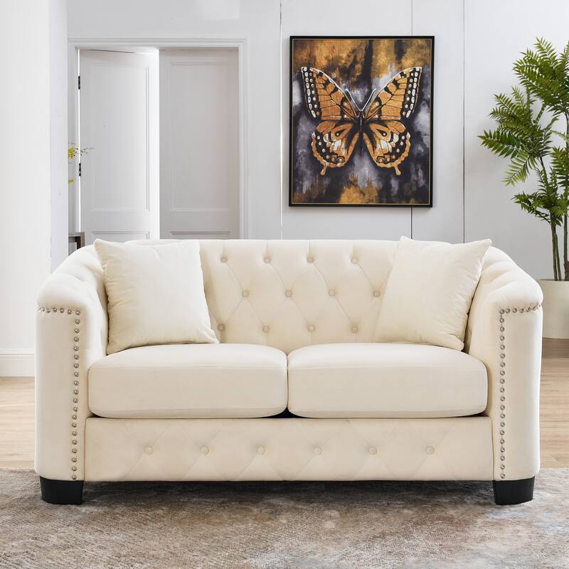 Velvet 3-Person Sofa with Nailhead Trim and Handcrafted Design