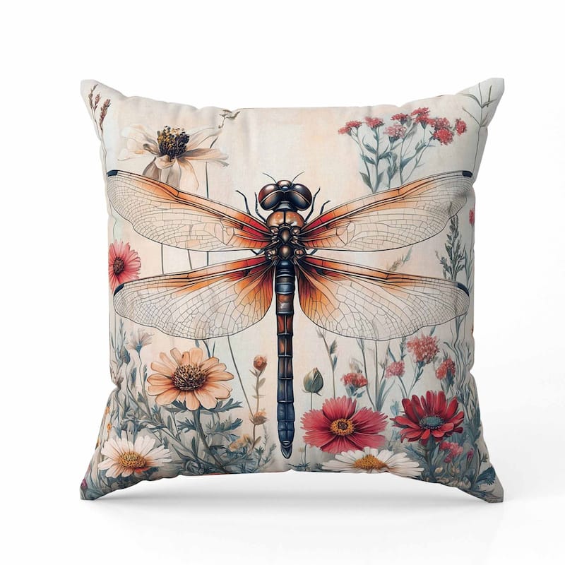 Wildflower Dragonfly Indoor/Outdoor Reversible Throw Pillow Red and Orange