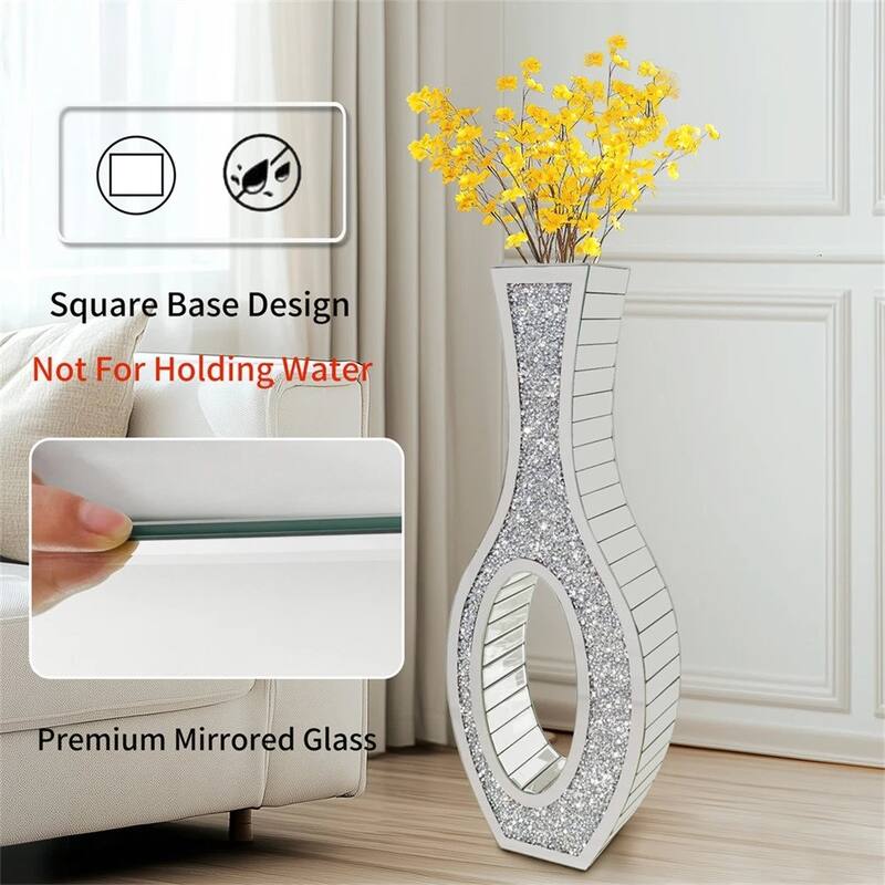 Tall Mirror Floor Vase with Silver Crystal Diamond Accents for Faux Flowers