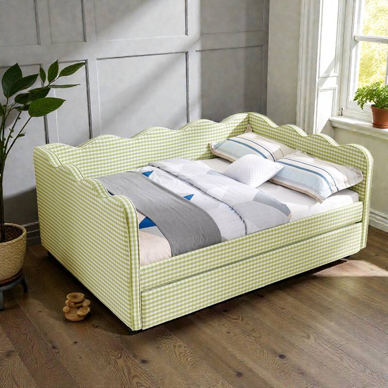 Full Size Gingham Daybed with Twin Trundle, Linen Sofa Bed with USB Port and Wave Shaped Design