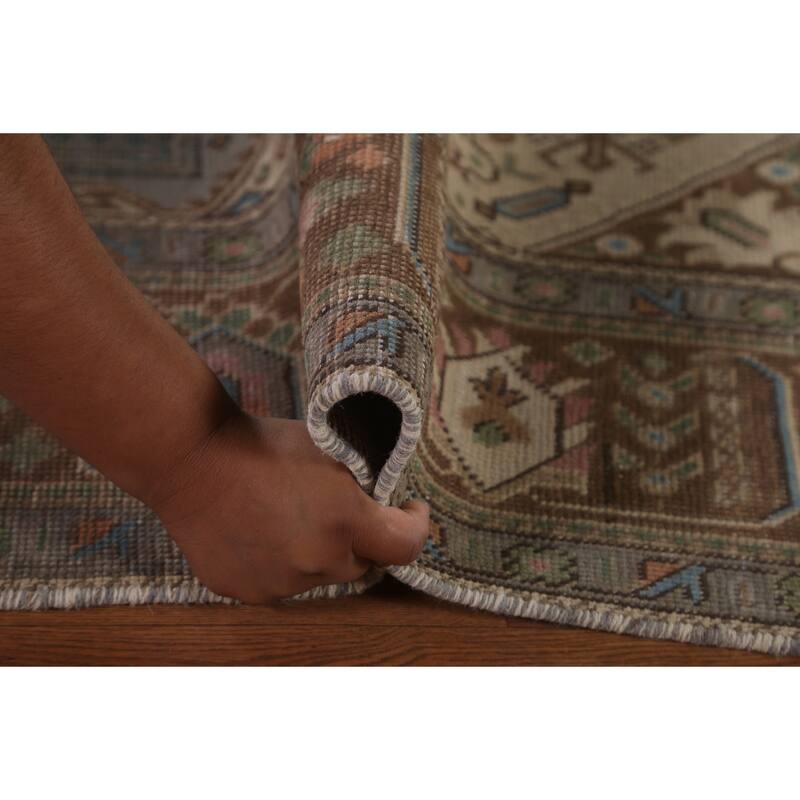 Gray Geometric Tabriz Persian Vintage Rug Hand-Knotted Wool Carpet - 6'5" x 9'5"