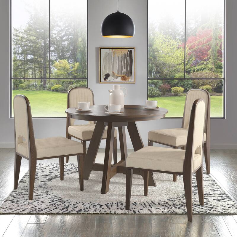 Harstad 42"-60" Extendable Round Dining Set with Channel Stitching Upholstered Chairs by iNSPIRE Q Modern