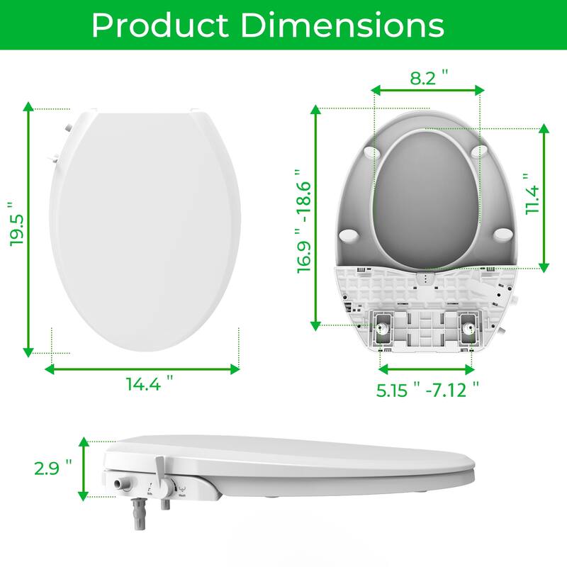 Elongated White Toilet Seat with Self Cleaning 2 Nozzles, Front &Rear Washing for Your Bedroom