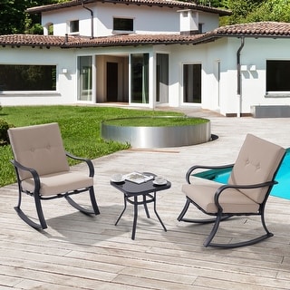VINGLI Patio Rocking Chairs Bistro Set 3-Piece Patio Furniture Sets with Thickened Cushion and Glass-Top Coffee Table 