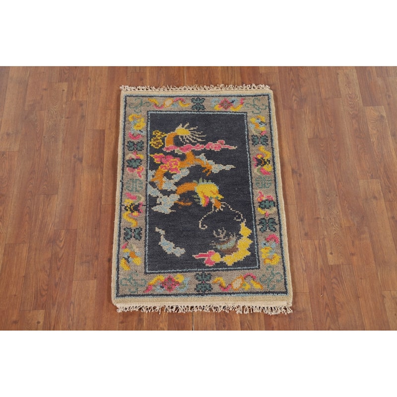 Hand Knotted Oriental 100% Wool Carpet Traditional Geometric Navy Blue & Blues Art Deco Area Rug - 3' 0'' X 2' 0''