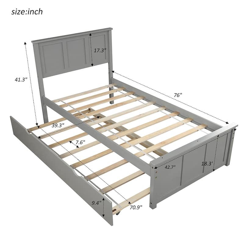 Moda Platform Bed with Twin Size Trundle, Twin Size Frame, Gray