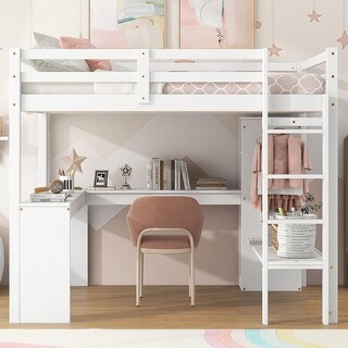 Full Size Loft Bed with L-shaped Desk,Wardrobe and Storage Shelves,Cottage Design