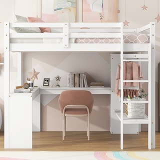 White Full Wood Loft Bed with Wardrobe, L-shaped Desk and Storage Shelves