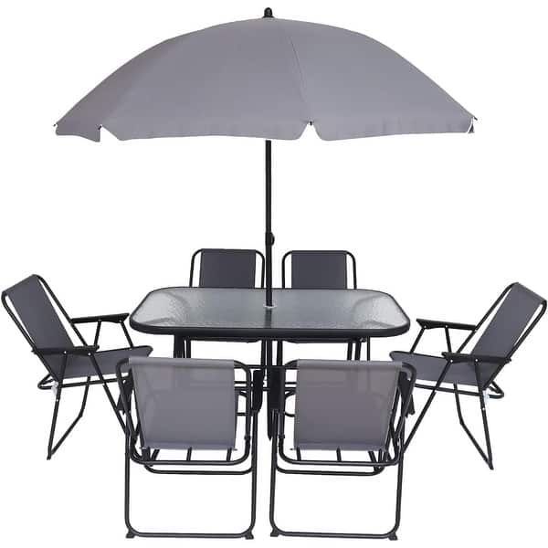 slide 2 of 5, Garden Patio Furniture Set, 8-Piece Outdoor Dining Set with Umbrella 6 Folding Chairs,1 Rectangular Tempered Glass Table