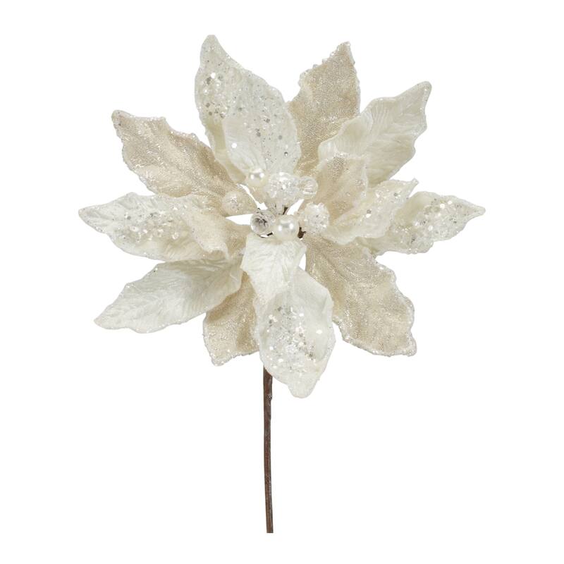 Ivory Velvet Poinsetta Stem with Gold Bead Accents (Set of 6) - N/A