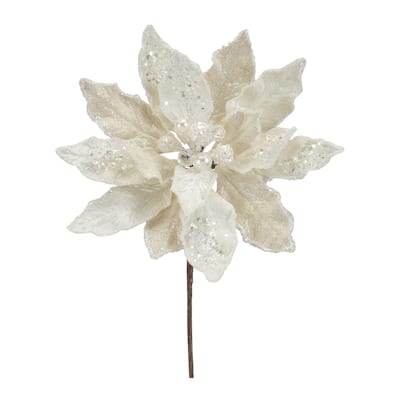 Ivory Velvet Poinsetta Stem with Gold Bead Accents (Set of 6) - N/A