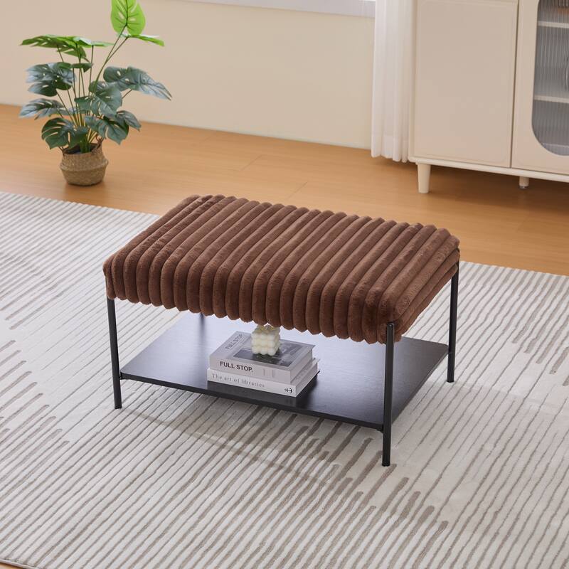Modern Faux Fur Upholstered Bench with Open Storage Shelves, Metal Frame Shoe Bench Ottoman for Entryway, Bedroom
