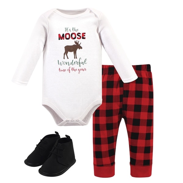 slide 1 of 1, Hudson Baby Infant Boy Cotton Bodysuit, Pant and Shoe 3pc Set, Moose Wonderful Time 0-3 Months - Moose Wonderful Time