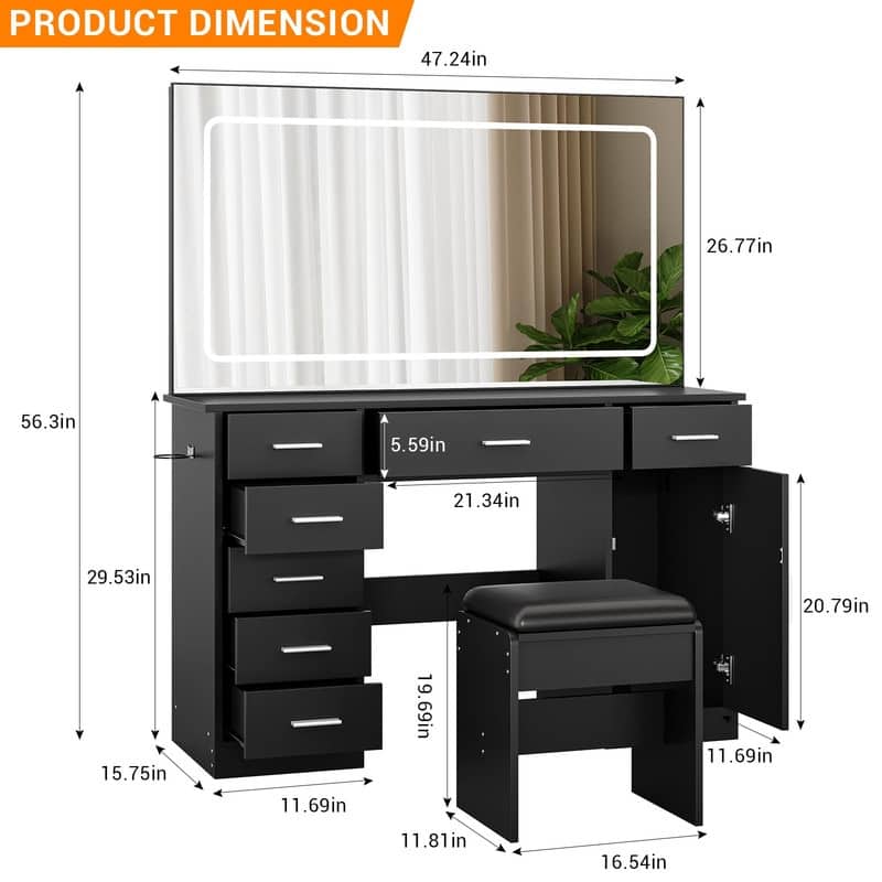 Makeup Vanity Table with Mirror, 7 Drawers, Charging Station, Holder, Stool