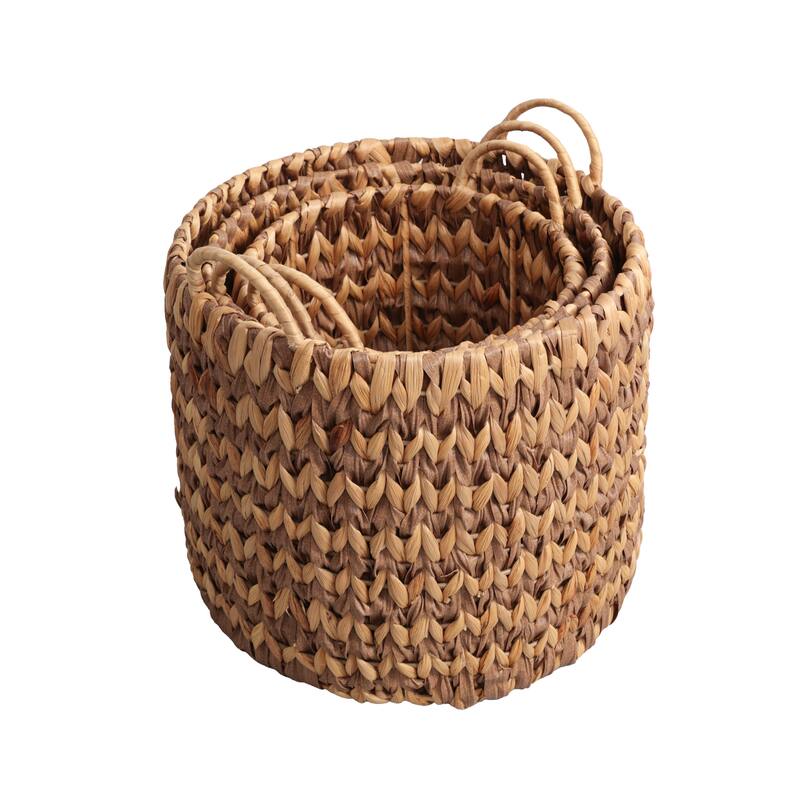 Coastal Handwoven Two-Tone Water Hyacinth Nesting Storage Baskets, Handles (Set of 3)