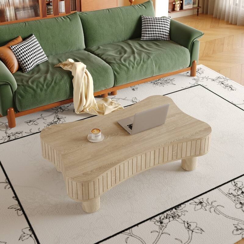 Lift Top Coffee Table with Fluted Panel Hidden Storage, Silent Hydraulic Lift and Curved Safety Corners - Antique Natural
