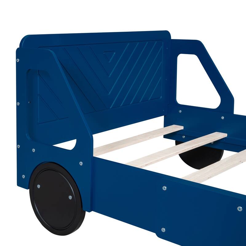 Twin Size Car-Shaped Platform Bed with Wheels in Blue, Sturdy and Safe Design